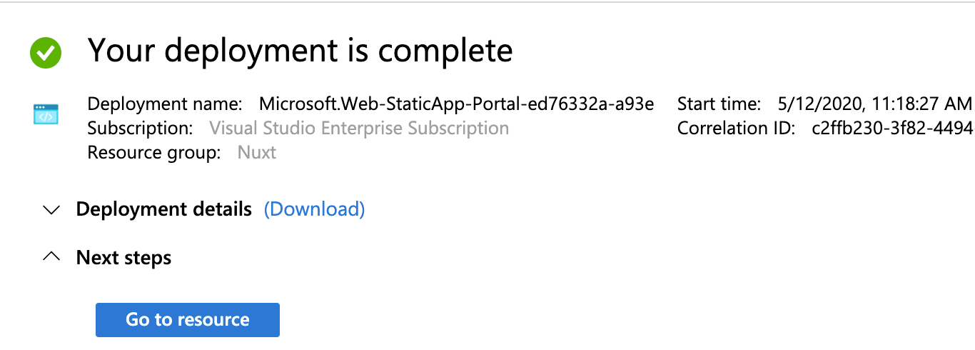 Azure Portal 部署完成消息